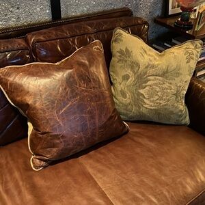 Pair of 20” Ralph Lauren Leather and Fabric Zipper Down Pillows